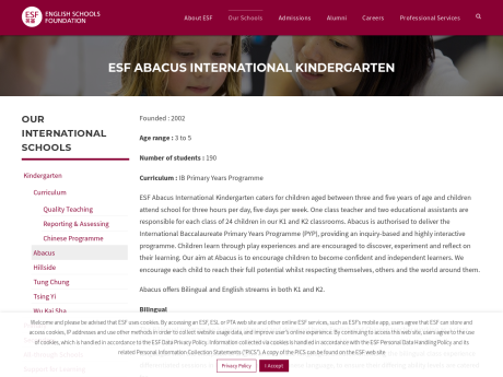Website Screenshot of ESF International Kindergarten (Abacus)