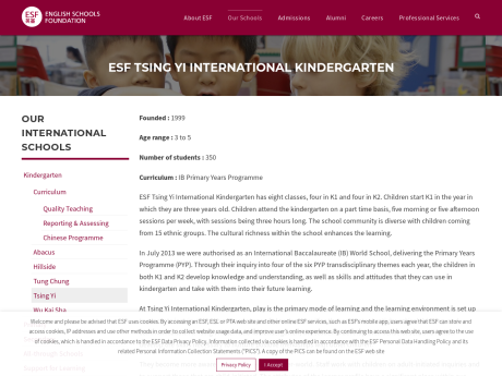 Website Screenshot of ESF International Kindergarten (Tsing Yi)
